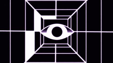 abstract animation background with flight in abstract futuristic tunnel with neon light and eye. 4k motion design. animated black and white tunnel. loop animation