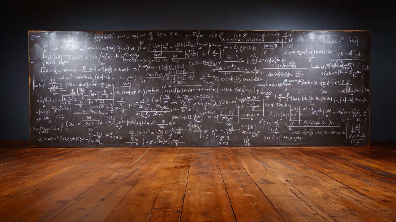 Ingewikkelde wiskundige vergelijkingen op een schoolbord met complexe formules in een studeeromgeving met houten vloer op de achtergrond
