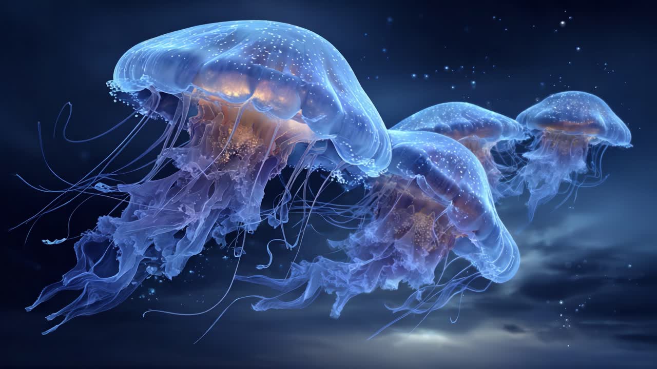 A Mesmerizing Display of Ethereal Jellyfish Illuminating the Deep Sea, Showcase of Nature's Bioluminescence in an Enchanting Underwater World