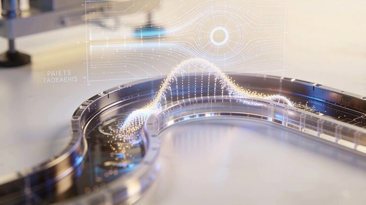 Sending signal, controller activating particles moving along curved channel at lab