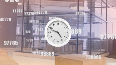 clock and numbers animation over modern office interior with glass walls