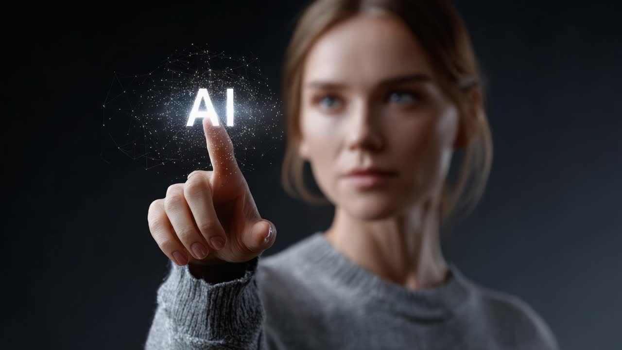 A woman interacts with a holographic interface, revealing elements related to artificial intelligence and the globe, showcasing the integration of technology and innovation