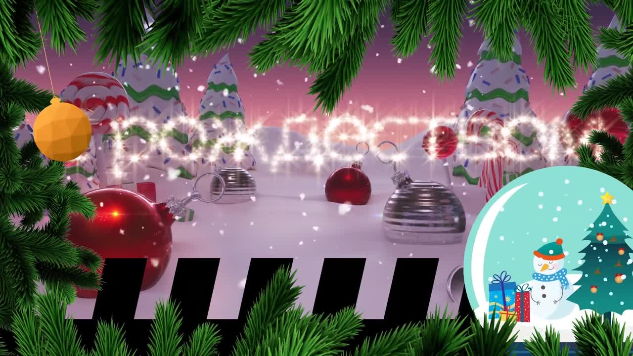 크리스마스 축하 문자, 나무와 겨울 풍경 위에 내리는 눈의 애니메이션