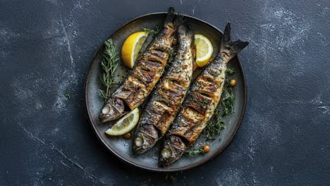 grilled whole fish with lemon and herbs on a plate