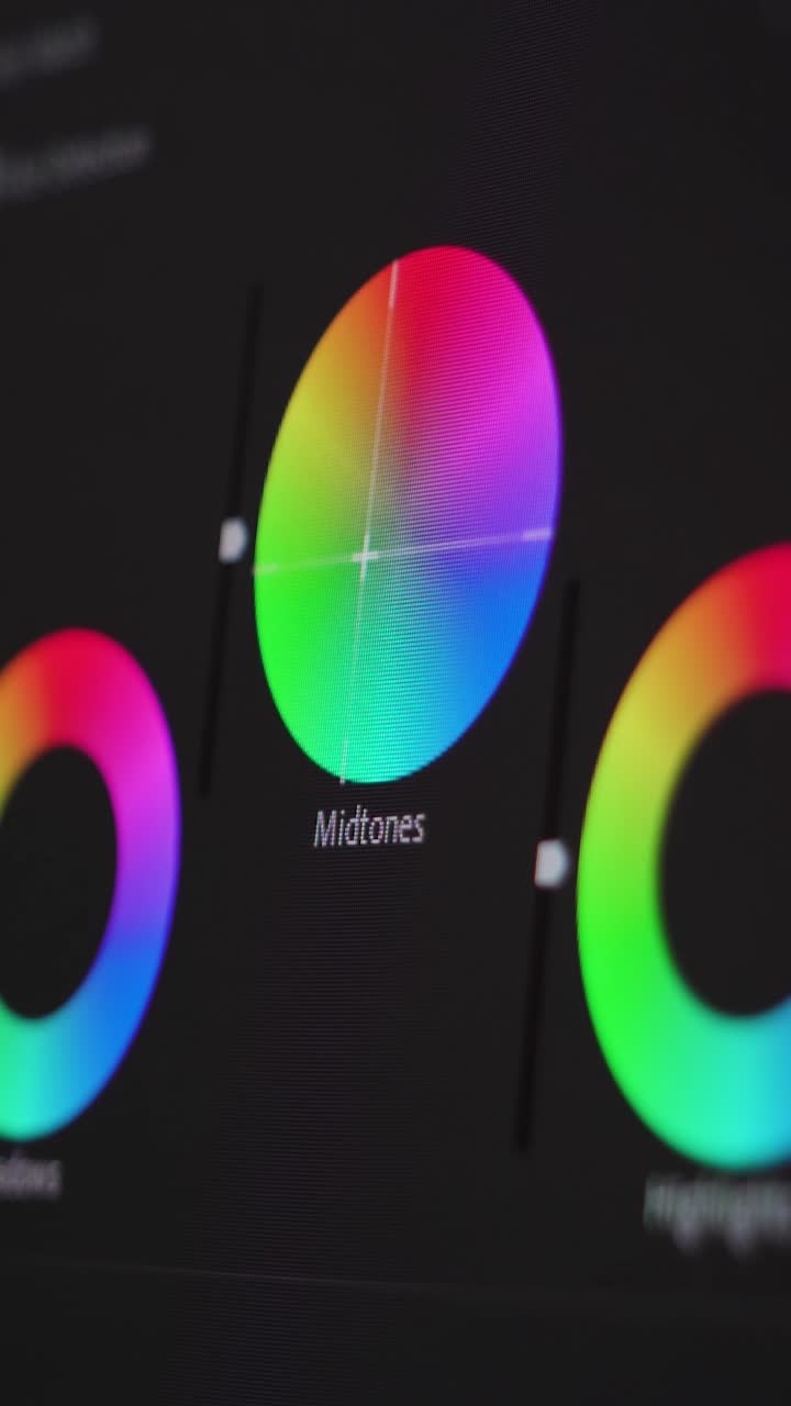 Video editing. Color grading with color wheels. Screen close up