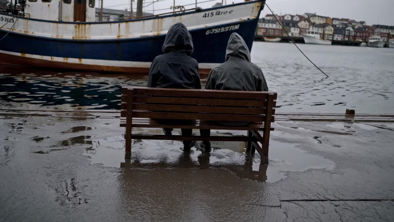 Moody video scene with two hooded figures on a bench by a docked boat