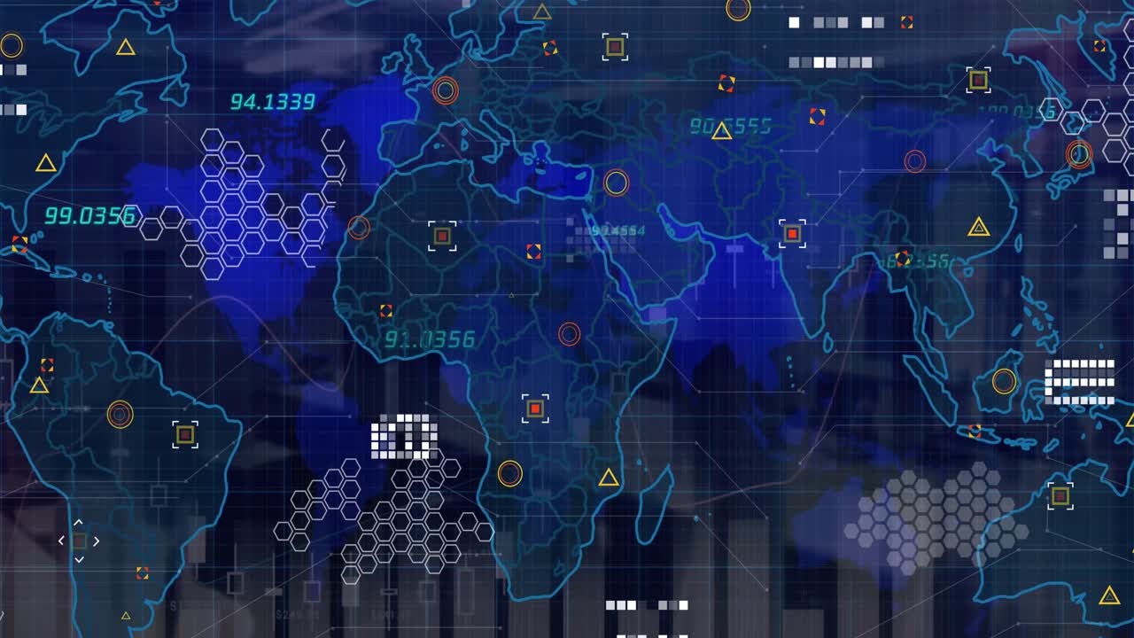 Animation of world map and icons in navy digital space