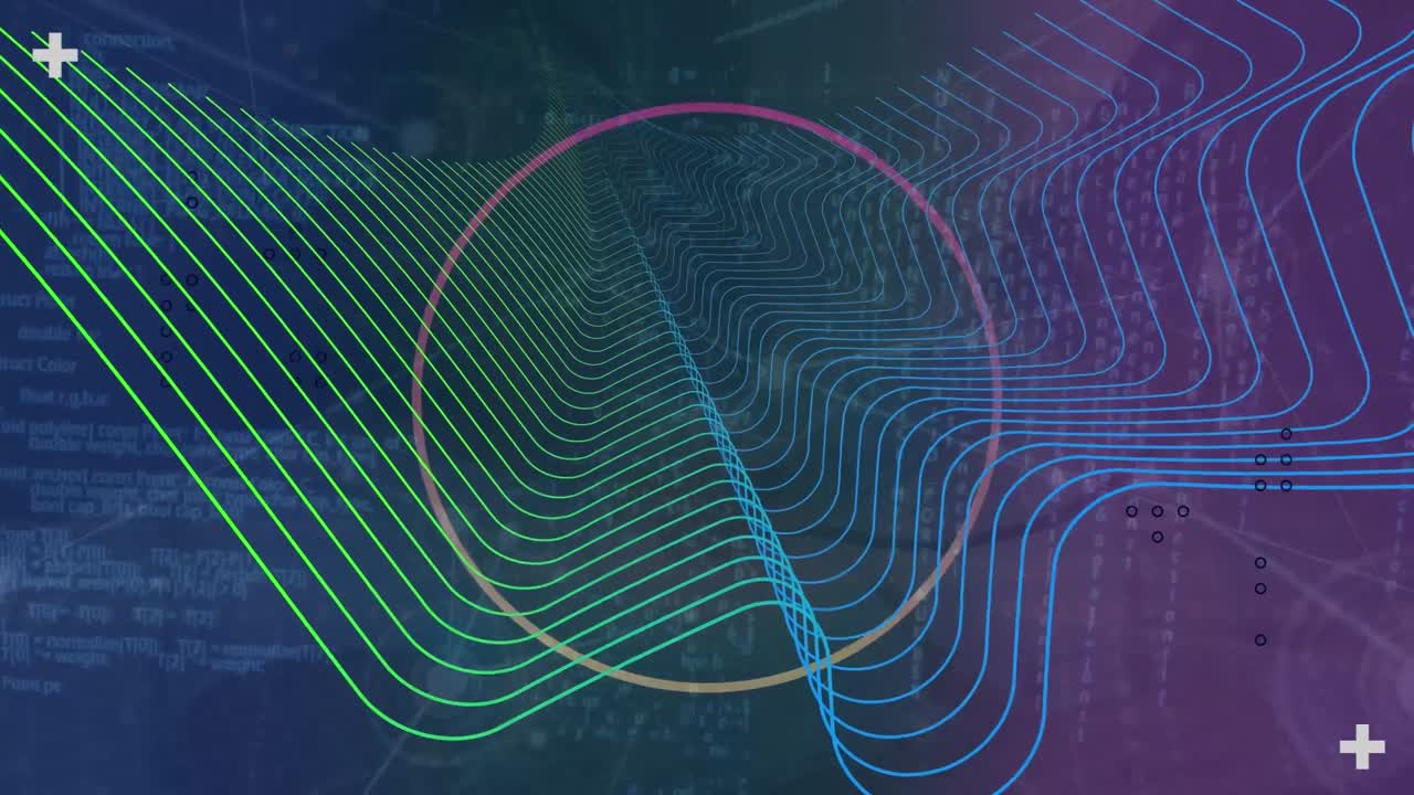Animation of abstract shapes, network of connections and data processing on purple background