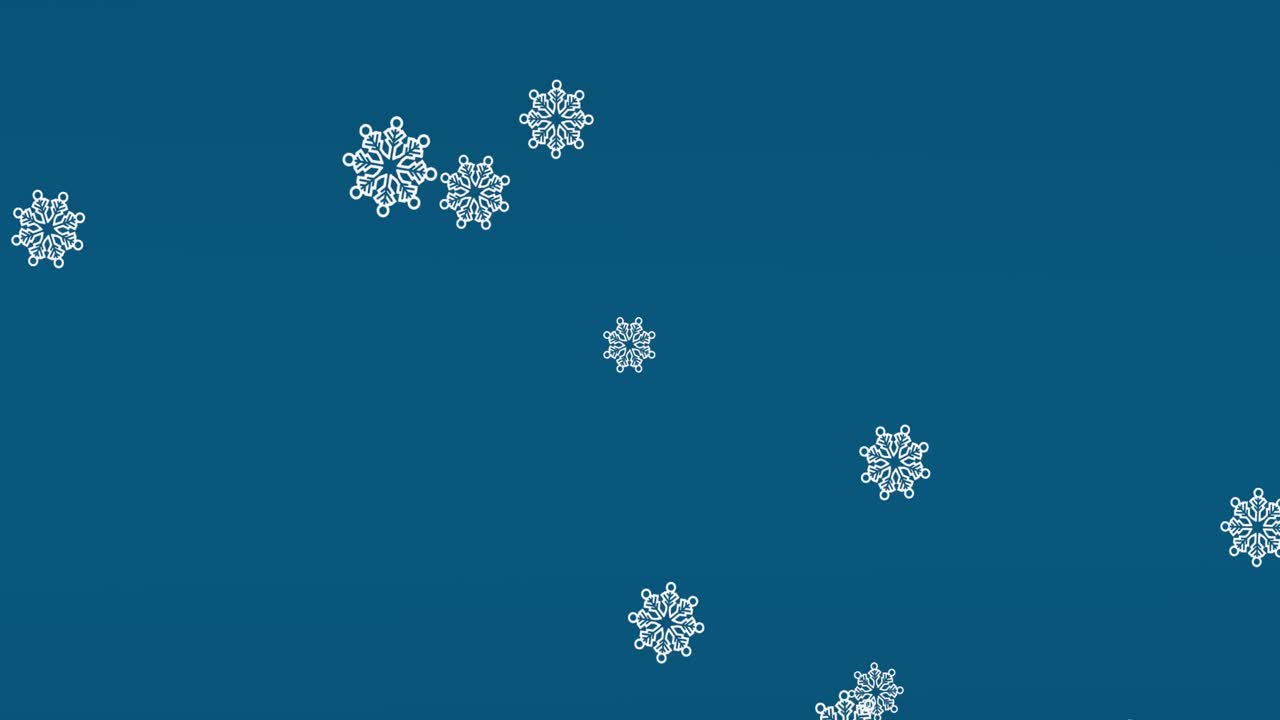 Digital animation of snowflakes icons falling against copy space on blue background