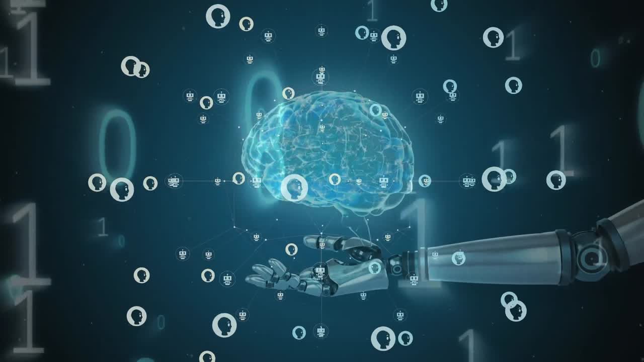 Animation of ai data binary coding, robot's arm human brain background