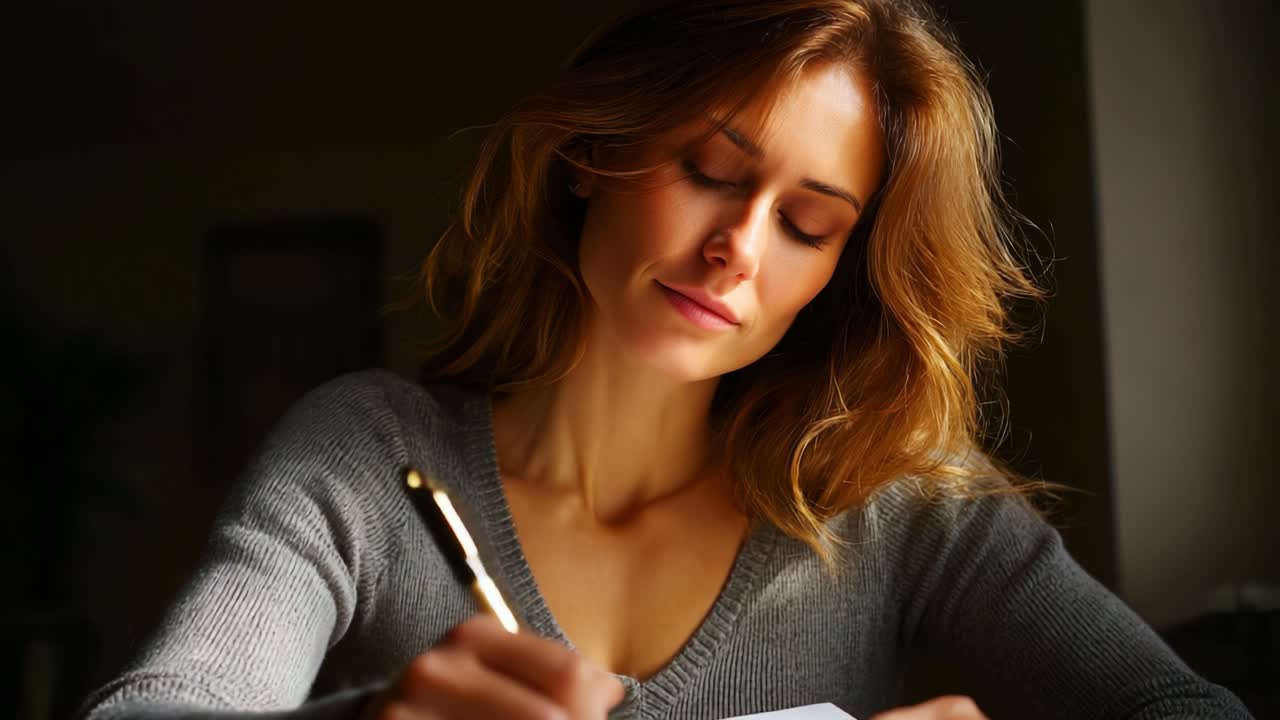Captivating Moments of Reflection: A Woman Engaged in Thoughtful Writing in a Softly Lit Room, Emphasizing Creativity and Inspiration Through Handwritten Expression and A Calm Atmosphere