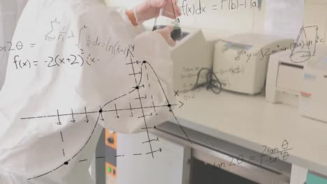 animation of mathematical equations over caucasian scientists with beaker