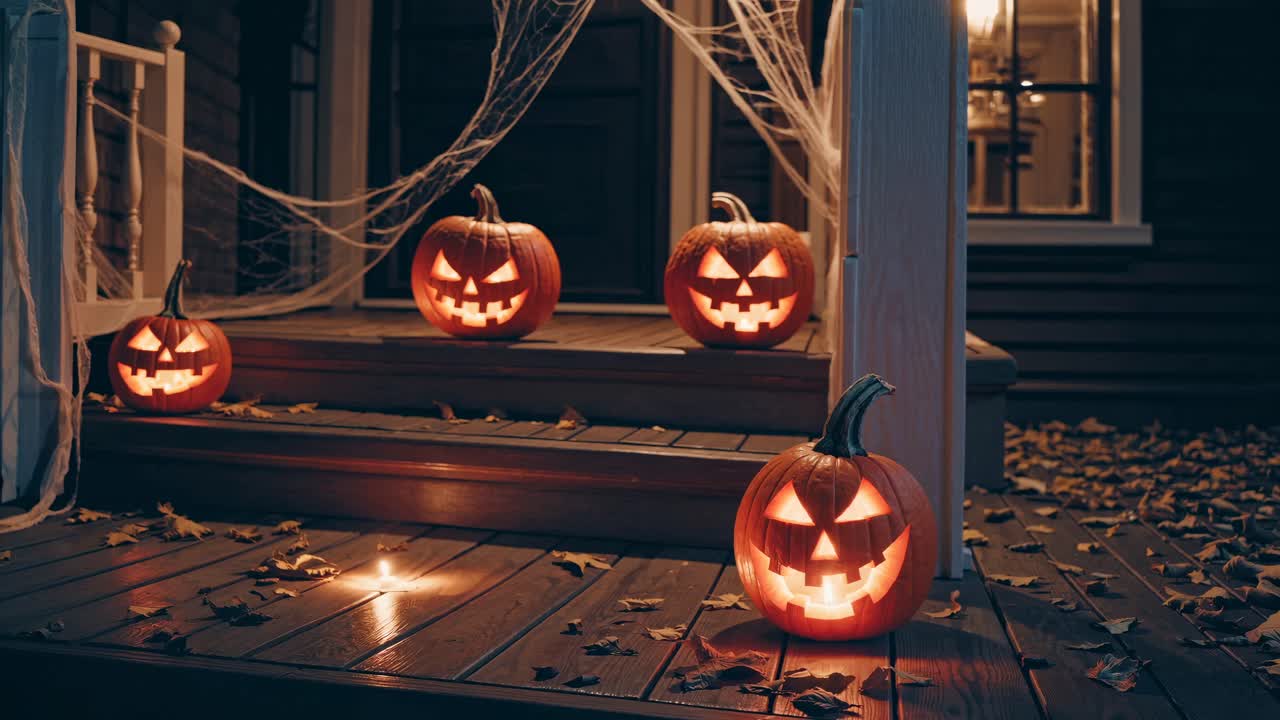 Low-angle video shot of glowing jack-o'-lanterns on a porch, surrounded by autumn leaves