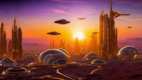 ciudad futurista dorada al atardecer con platillos voladores