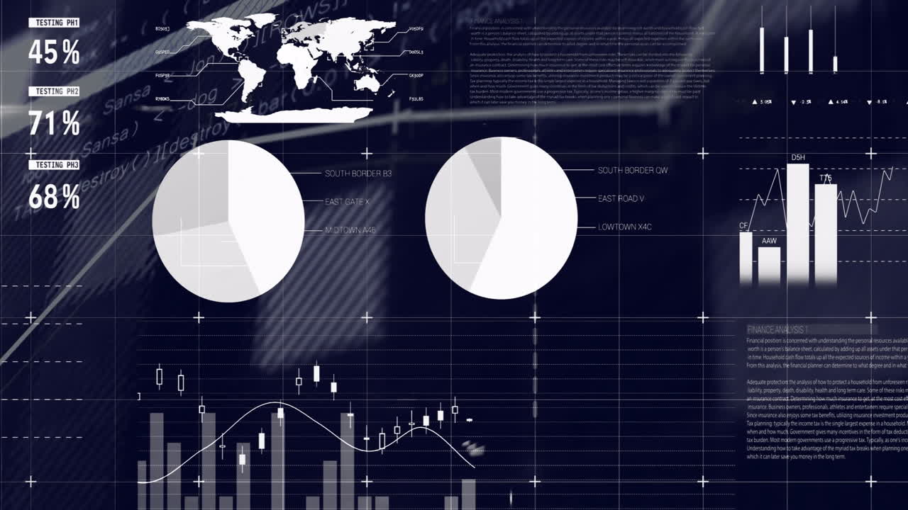 Global data analysis animation over charts and graphs with world map