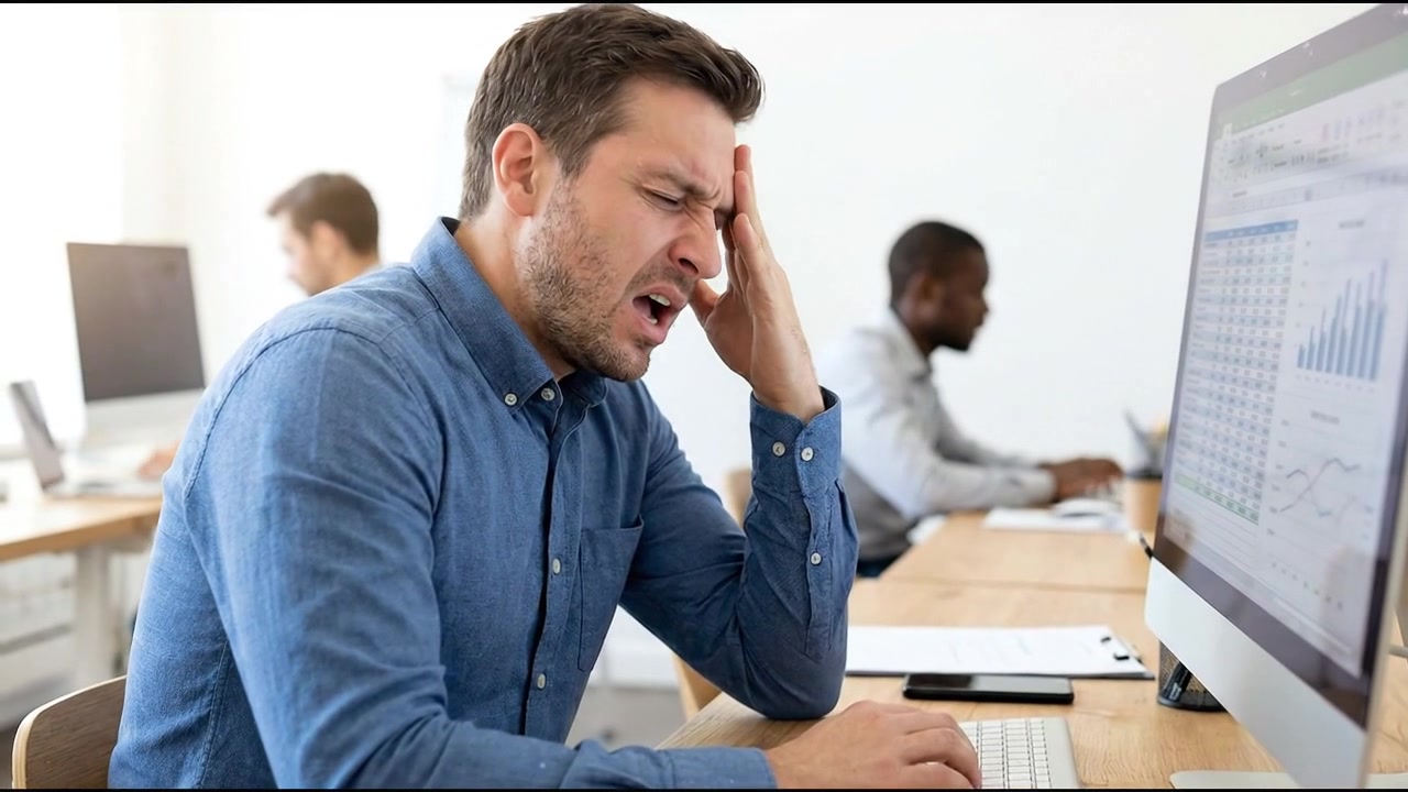 Gestresster Geschäftsmann leidet unter Kopfschmerzen bei der Arbeit am Büroschreibtisch