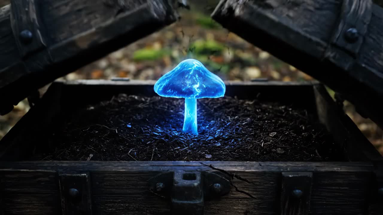 Magical Treasures: Swords and Glowing Mushrooms in Wooden Chests
