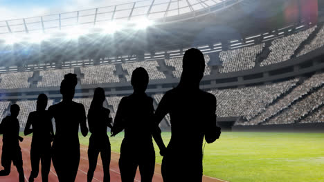 animation of silhouettes of female athletes over sports stadium