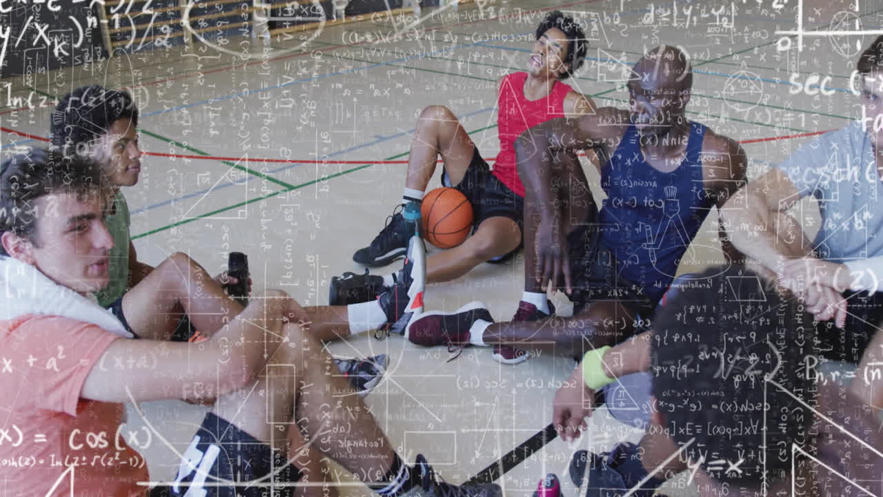 Team players sitting in gym court, displaying math formulas for education and basketball analytics