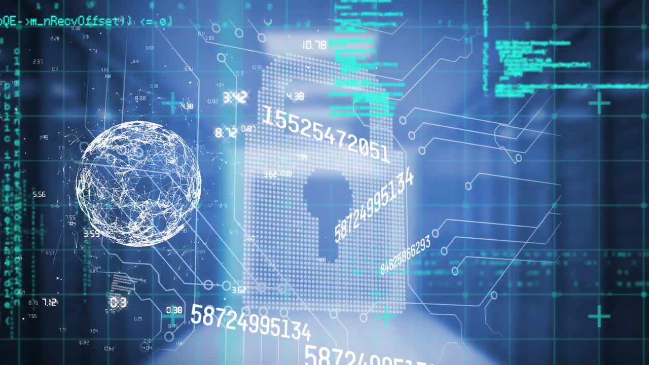 animación del candado de seguridad en línea con procesamiento de datos y globo en el fondo