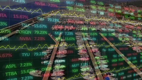 animation of stock market data processing over aerial view of ship harbor