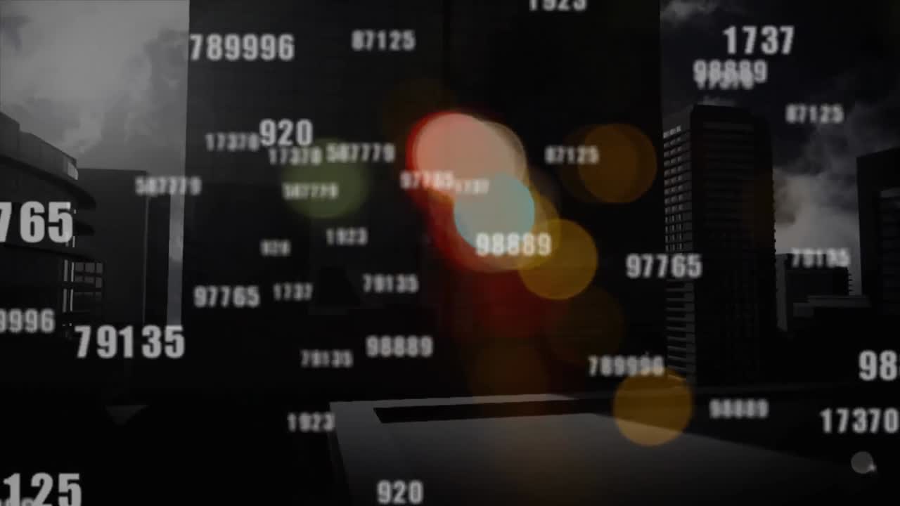 여러 번의 숫자와 다채로운 보케 효과의 애니메이션이 구름진 하늘을 배경으로 건물 위에 있습니다.