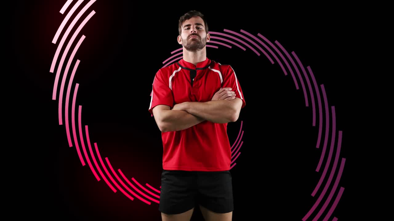 animación de una espiral de línea roja girando con el retrato de un deportista caucásico