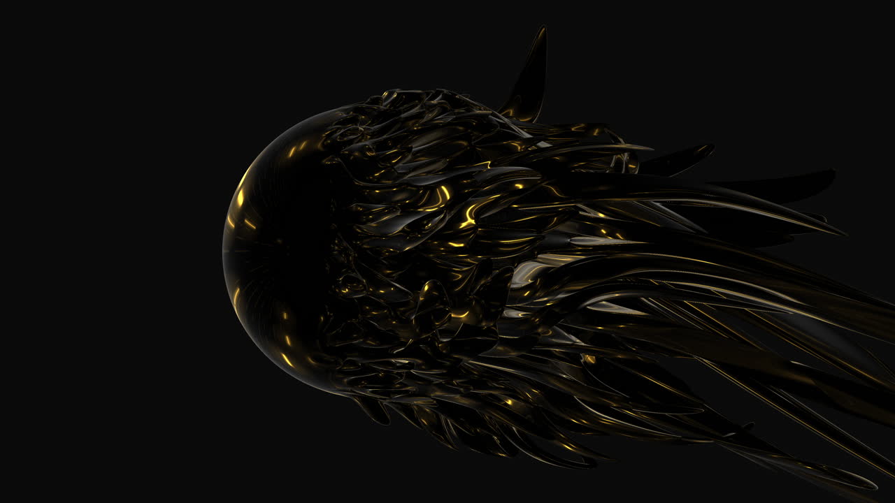 Ohromující 3D render zlatého kovového uměleckého díla na černém pozadí.