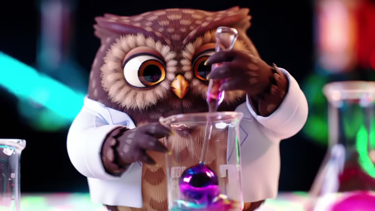 A Curious Owl Scientist Conducts Colorful Experiments in a Lab Filled with Vibrant Glassware and Mysterious Potions, Blending Playfulness with Scientific Discovery