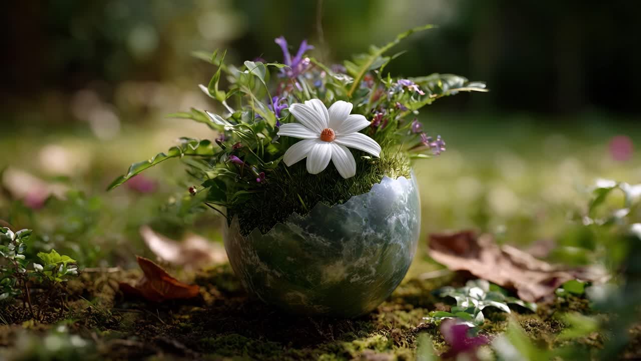 Captivating Floral Arrangement in a Decorative Bowl Surrounded by Lush Greenery and Soft Natural Light, Showcasing Nature's Beauty and Tranquility