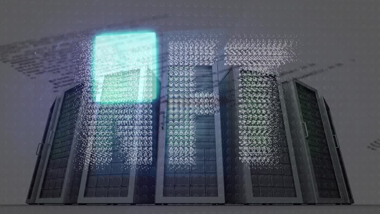 Animation of neon sqaure shape over nft text banner and data processing against computer server