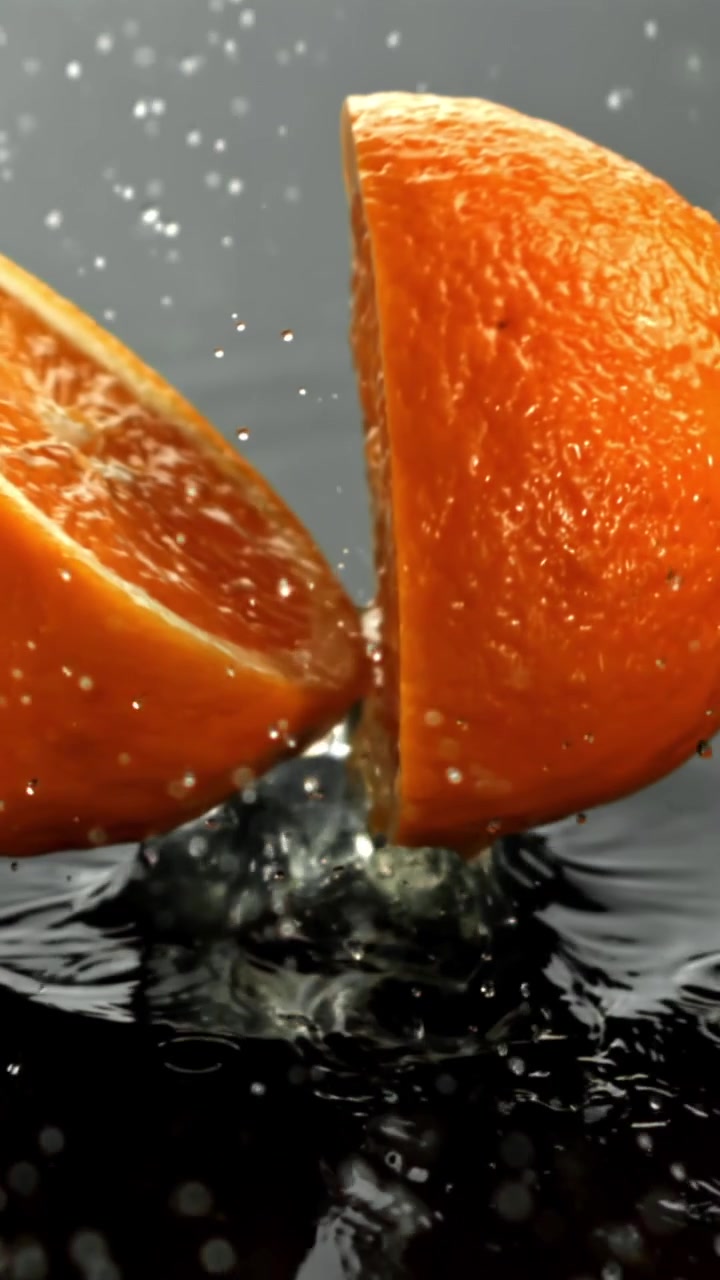 Metà d'arancia che schizzano nell'acqua al rallentatore