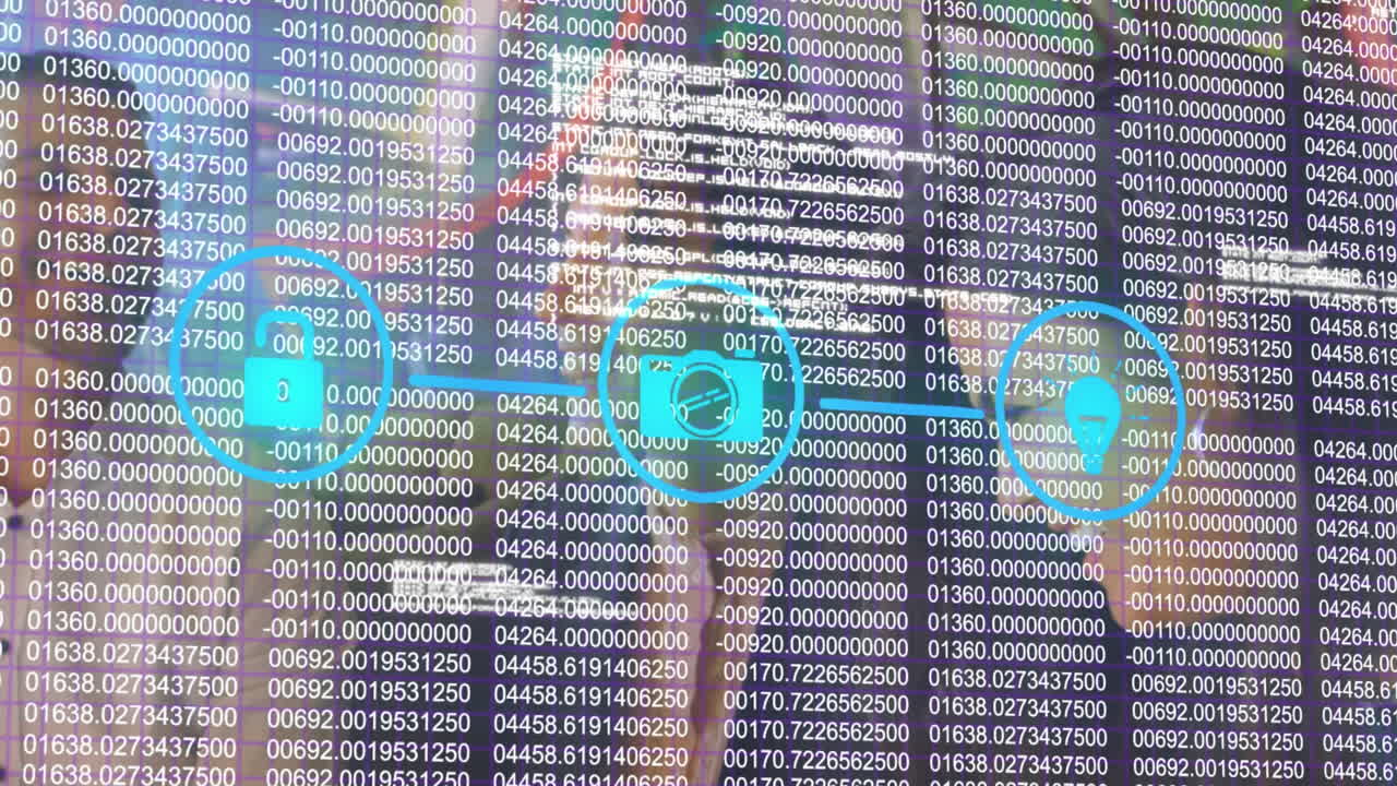 Animation of set of three digital icons over data processing and business people