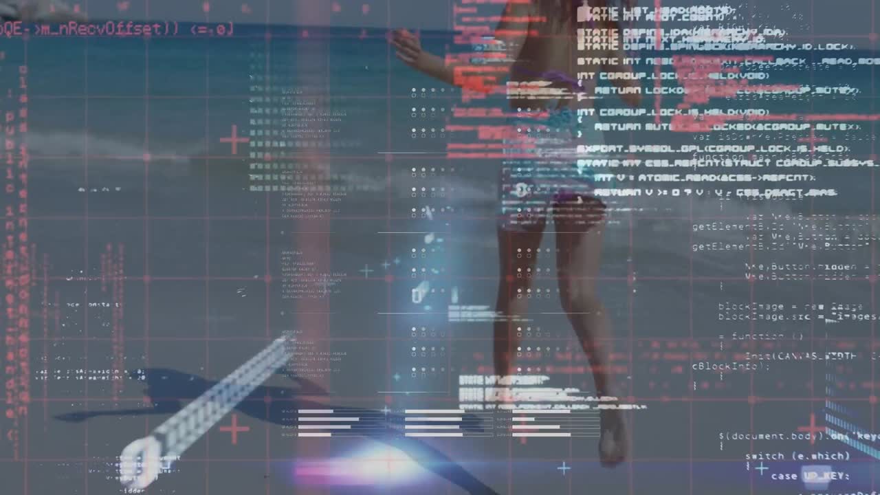 animación de una pantalla digital con datos sobre una mujer caucásica corriendo en la playa