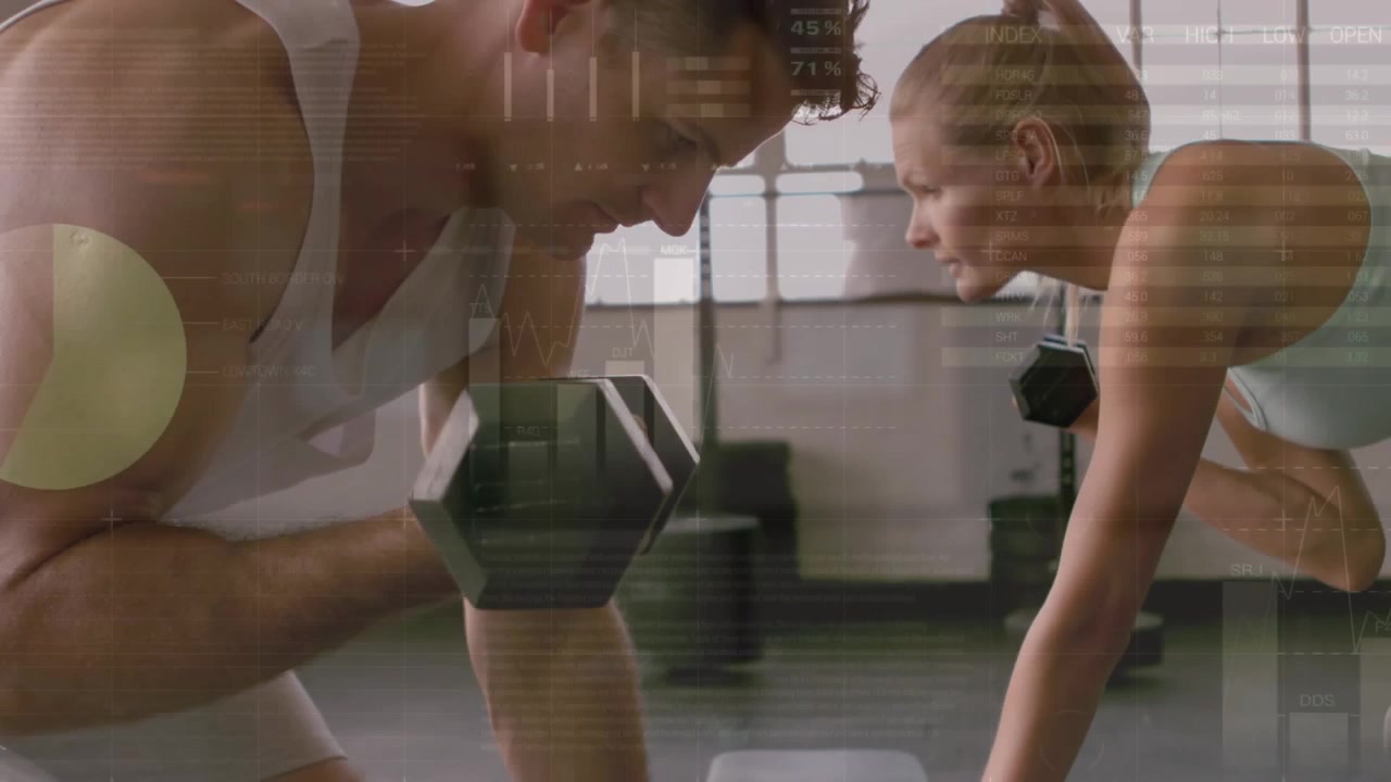 Animation of statistical data processing over caucasian fit couple working out with dumbbells at gym