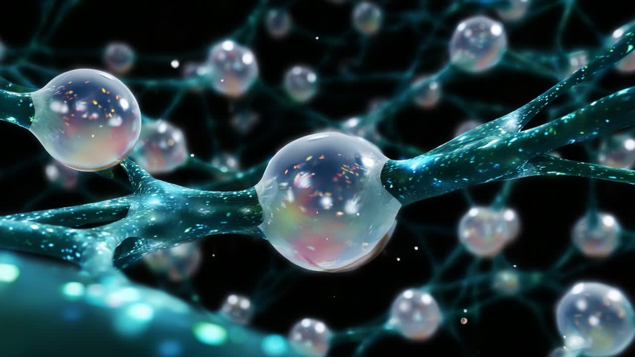 A close-up visualization of neuron-like structures showcasing glowing, translucent bubbles interconnected by intricate, luminescent strands, emphasizing their vibrant and dynamic nature in a dark backdrop