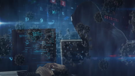 animation of a hacker hooded man with two computers and information in red letters on the board