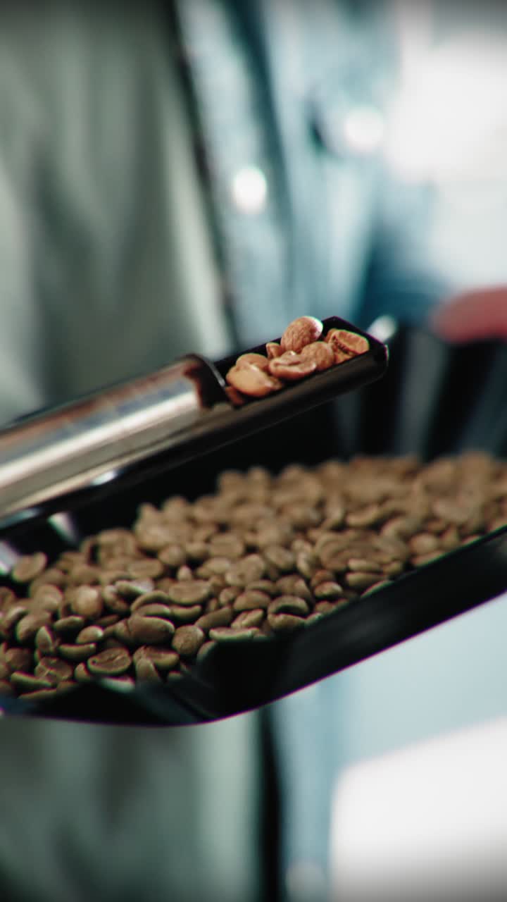 Close-Up of Roasted Coffee Beans Being Scooped for Fresh Brew