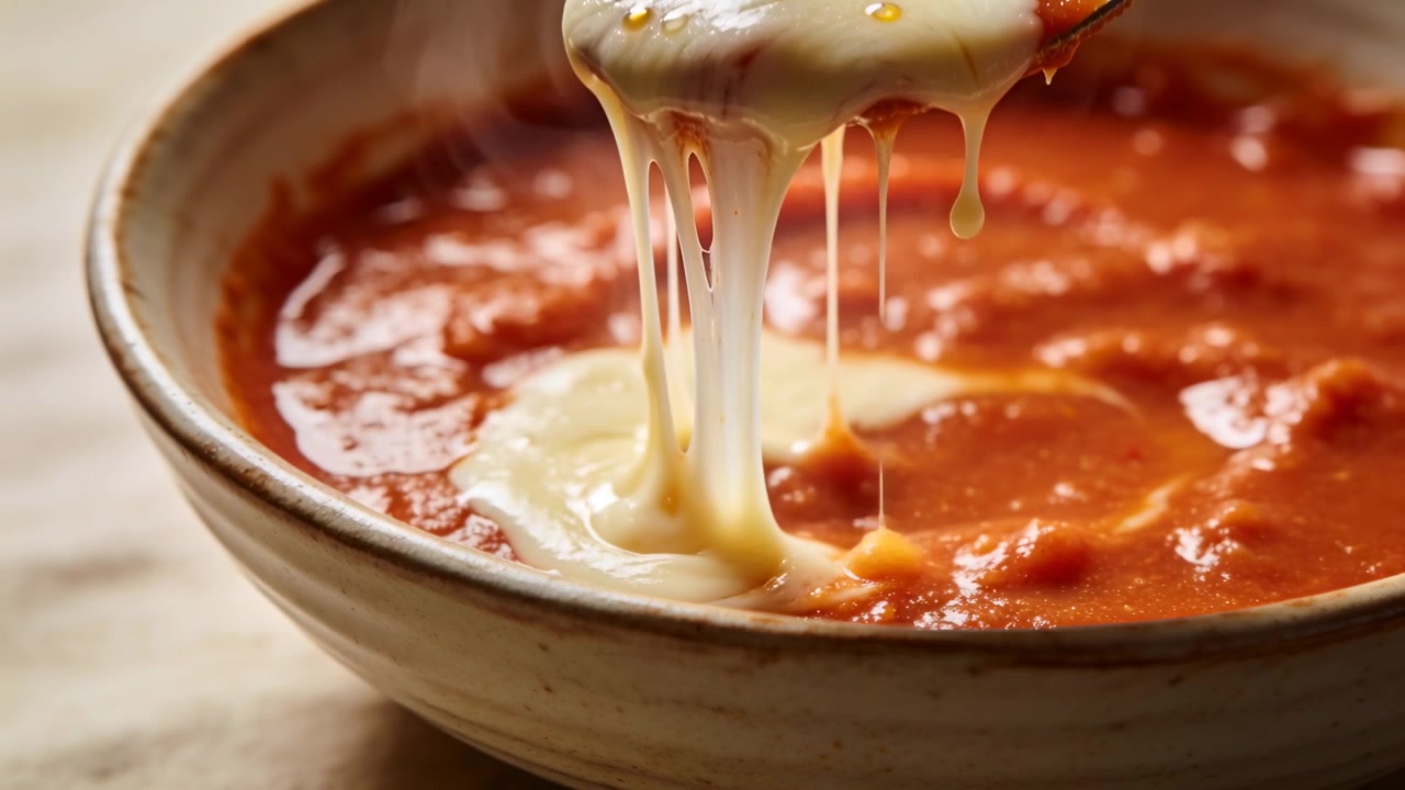 Colher de metal levantada, muçarela puxando fios de uma tigela de cerâmica com sopa de tomate, guardanapo bege