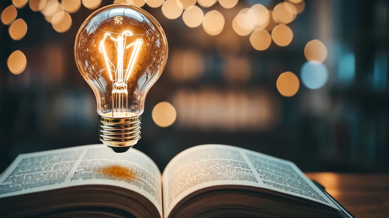 A close-up video concept of a glowing light bulb hovering over an open book, with a bokeh background