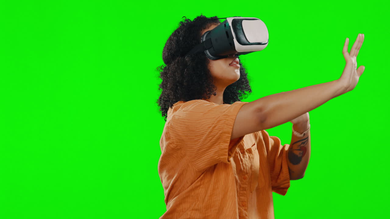 VR, games and a woman with glasses on a green