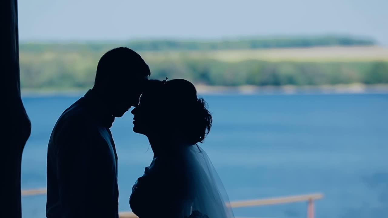 Silhouette of young couple. Silhouettes of wedding couple holding and kissing near lake