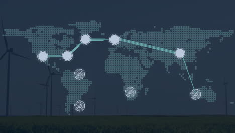 animating global network connections over wind turbines in field