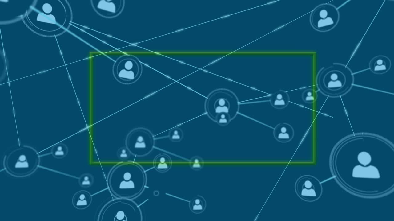 Animazione di una rete di connessioni con icone su sfondo blu