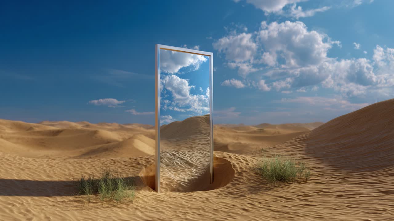 A striking mirror stands isolated in a vast desert landscape, reflecting the sky and surrounding sand dunes, creating a surreal and contemplative atmosphere