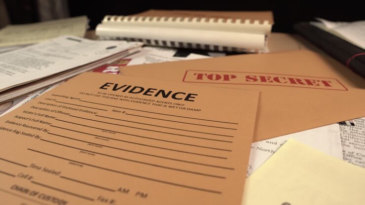 Federal Agent Desk Full of Files and Hand Puts Top Secret Stamp on Paper Documents