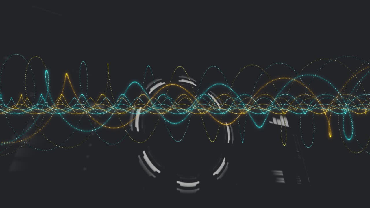 Teal gold waves causing radial segments forming rotating HUD while DNA helix rising, showing data