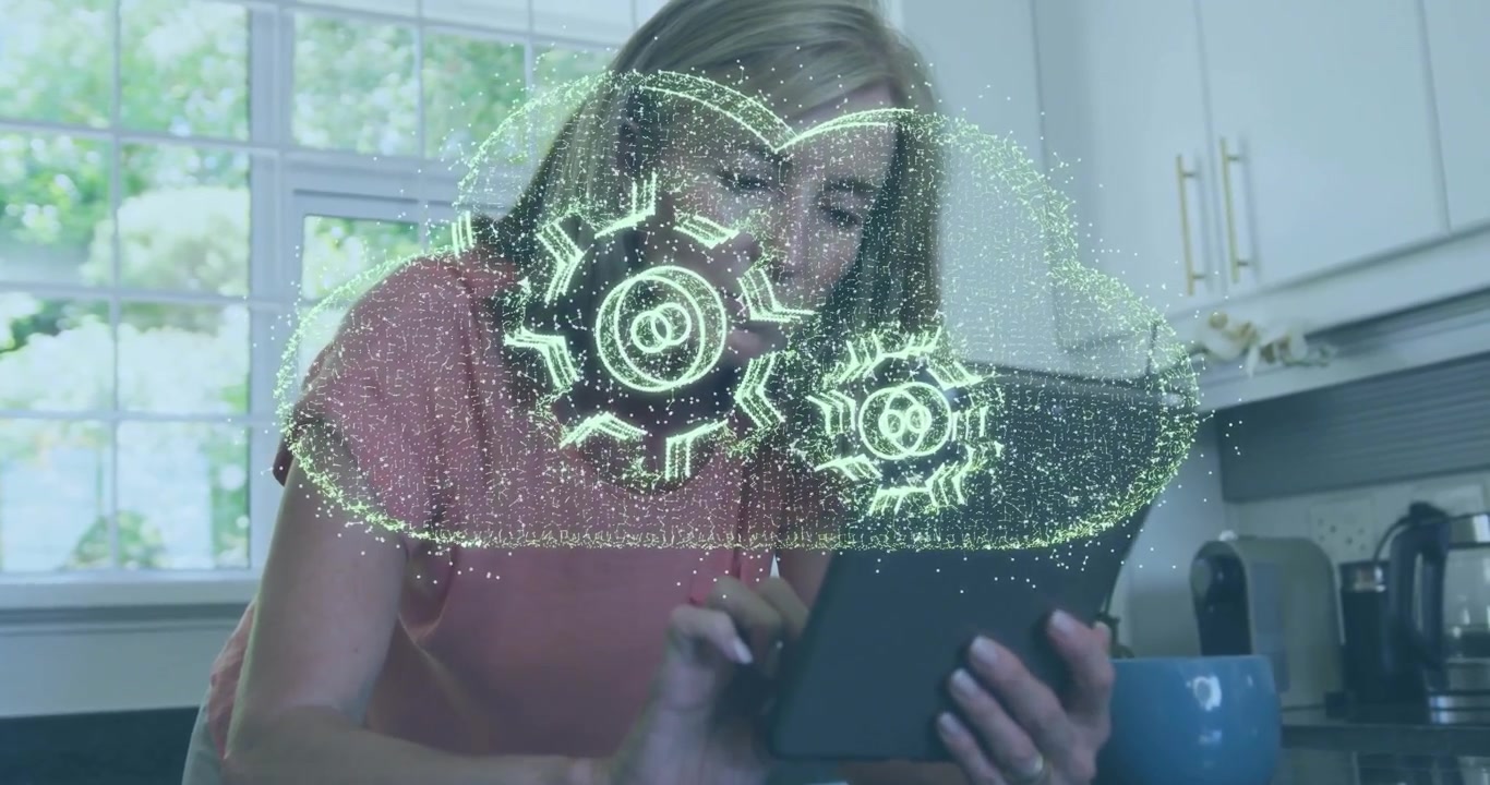 Woman Using Tablet with Animated Cloud Computing Graphics