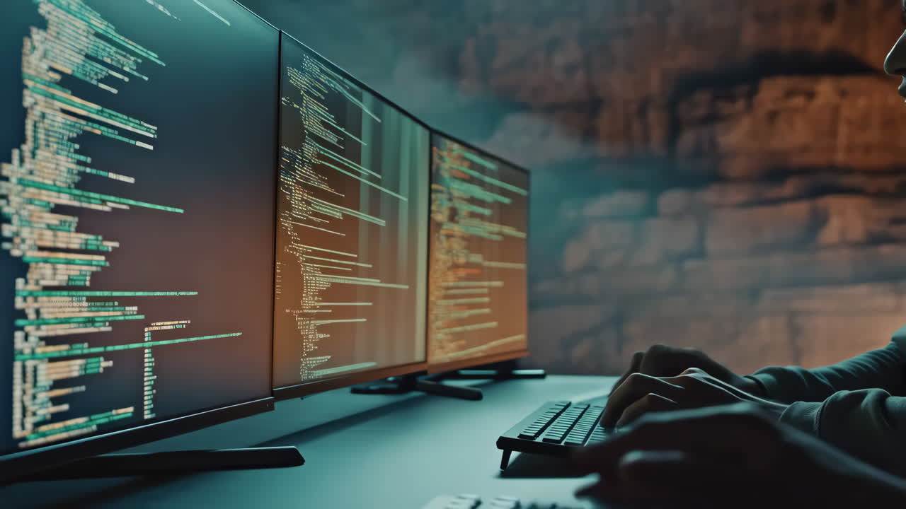 Hands typing code on multiple computer screens in a dark room