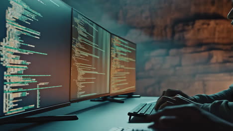 hands typing code on multiple computer screens in a dark room